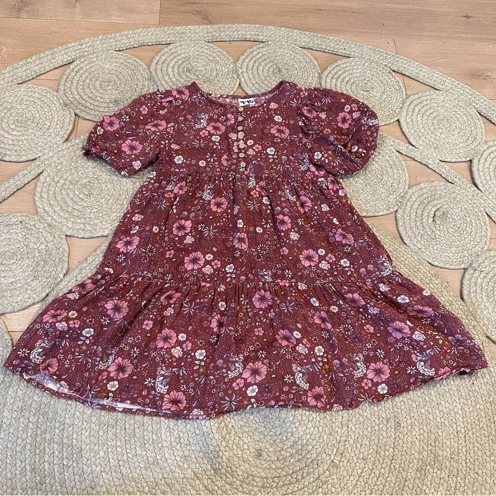 Cotton On floral puff sleeve burgundy dress 9/10